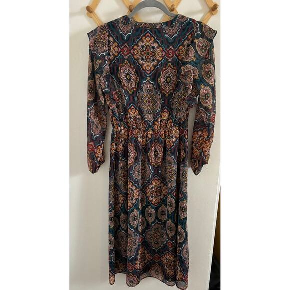 Loft Dress Women's Small Petite Tapestry Ruffle V Neck Midi Bohemian - Picture 9 of 11